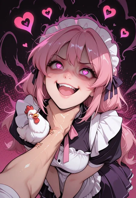 masterpiece, high_quality, highres, flat_colors, gradient, CivChan, artist:moriimee, 1girl, holding chicken, (((strangling chicken))), (((choking chicken))), crazy_eyes, ((uwu)), glowing eyes, heart-shaped_pupils, angry, hair_ribbon, magical_girl, open_mouth, pink_hair, purple_eyes, ribbon, maid_headdress, maid_uniform, skirt, smile, yandere, Dynamic angle, best quality, halftone_background, pink_background, black_background, ethereal_aura,