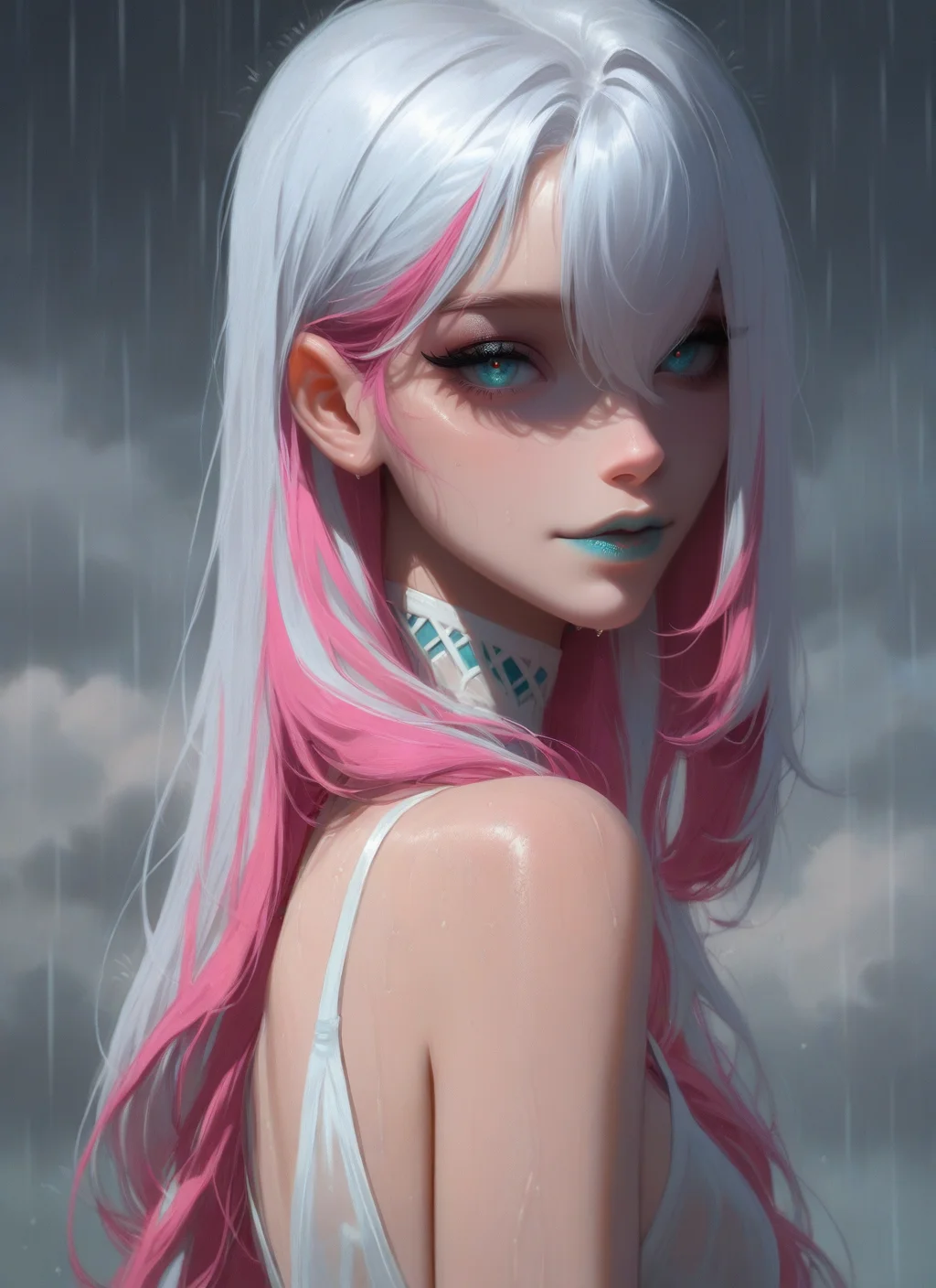 artist:, masterpiece, best quality, newest, very awa, absurdres, highres, dprd, 1girl, aqua lips, aqua eyes, multicolored hair, white hair, pink hair, long hair, white sundress, looking at viewer, sky, rain, grey clouds, detailed, <lora:DeepRed-Style:1.0>