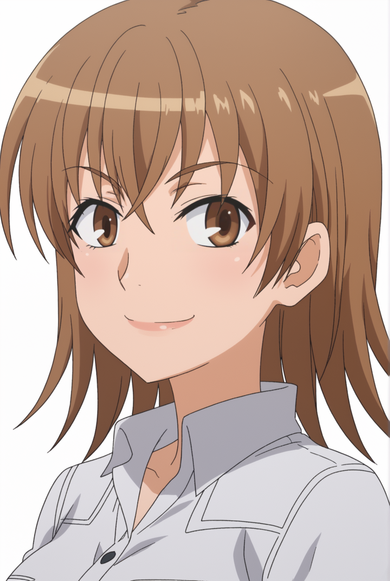 <lora:Misuzu_Misaka:0.8>, white background, Misuzu Misaka, upper body, smile