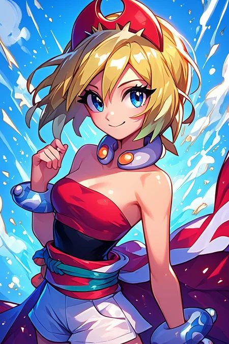 score_9, score_8_up, score_8, medium breasts, (curvy), cute, eyelashes, BREAK, , zzIrida, blonde hair, blue eyes, short hair, bangs, hair between eyes, red hairband, bracelet, neck ring, red shirt, sash, solo, strapless shirt, white shorts, waist cape, <lora:Irida_Pokemon_PDXL_Citron:0.8>, BREAK, embedding:zPDXL, Expressiveh, ,,, <lora:EnergyCAT:1.0>, solo, smile, looking at viewer, aura, blue sky, ,,, <lora:SDXLFaeTastic2400:0.5>, <lora:Expressive_H-000001:0.4>,