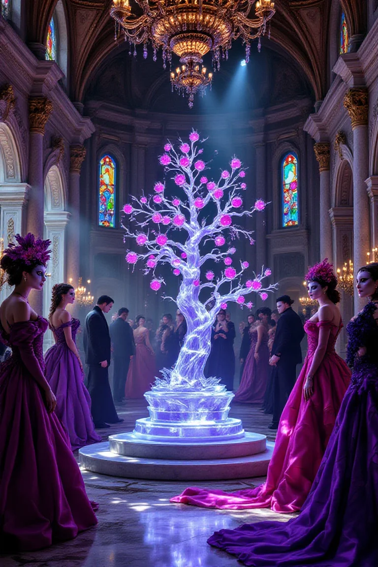 Envision an AI-generated scene set in a Venetian-style ballroom where the annual Mangosteen Masquerade is taking place. The guests are adorned in elaborate costumes and masks, each inspired by the mangosteen fruit—rich purples, deep reds, and lush greens. The ballroom itself is a tribute to the fruit's aesthetic, with mangosteen motifs etched into the marble columns, stained glass windows casting colorful shadows, and chandeliers designed to mimic the fruit's segmented interior. In the center of the room, a grand ice sculpture in the shape of a mangosteen tree is the star attraction, with 'fruit' that sparkles with embedded gemstones. The scene is alive with the excitement of a masquerade, the awe of opulent decor, and the creativity of a world where nature and fantasy blend seamlessly.