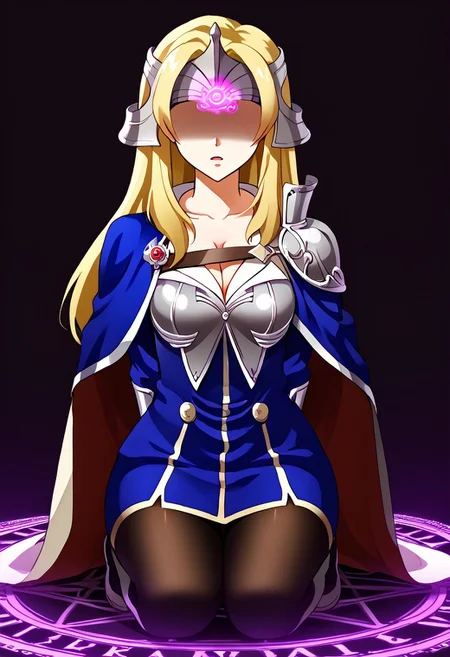 Mathilda hypnotized by magic,
score_9, source anime, lewd, 1girl, smooth,
mind control, hypnotized, expressionless, slack jaw, head tilted upward, empty_eyes,
kneeling, glowing magic circle, ((magic circle covering face)), arms hanging loose at sides, side view,
feMtlda, blonde hair, long hair, helmet, cape, armor, cleavage, blue dress, black gloves, pantyhose, thigh boots