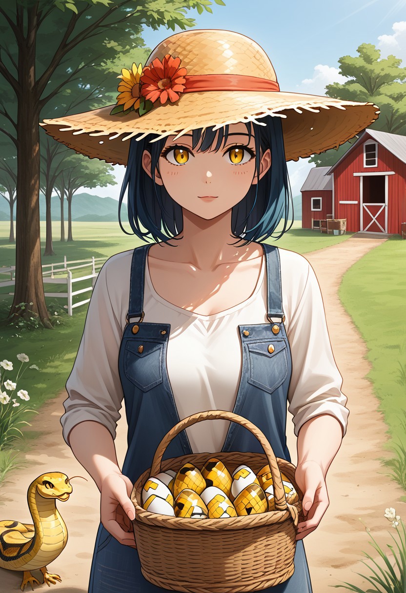 (anime), 1girl, chicken barn, straw hat, basket in hands, collecting eggs, snake_hybrid, snake hands, snake eyes, casual cloths, iridescent, masterpiece, score_9