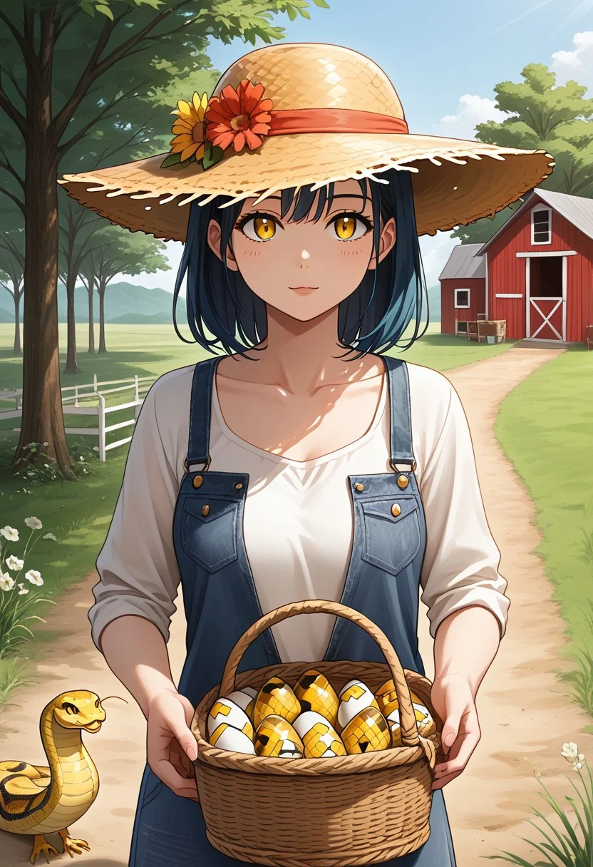 (anime), 1girl, chicken barn, straw hat, basket in hands, collecting eggs, snake_hybrid, snake hands, snake eyes, casual cloths, iridescent, masterpiece, score_9