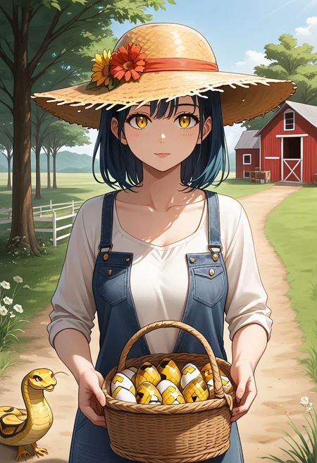(anime), 1girl, chicken barn, straw hat, basket in hands, collecting eggs, snake_hybrid, snake hands, snake eyes, casual cloths, iridescent, masterpiece, score_9