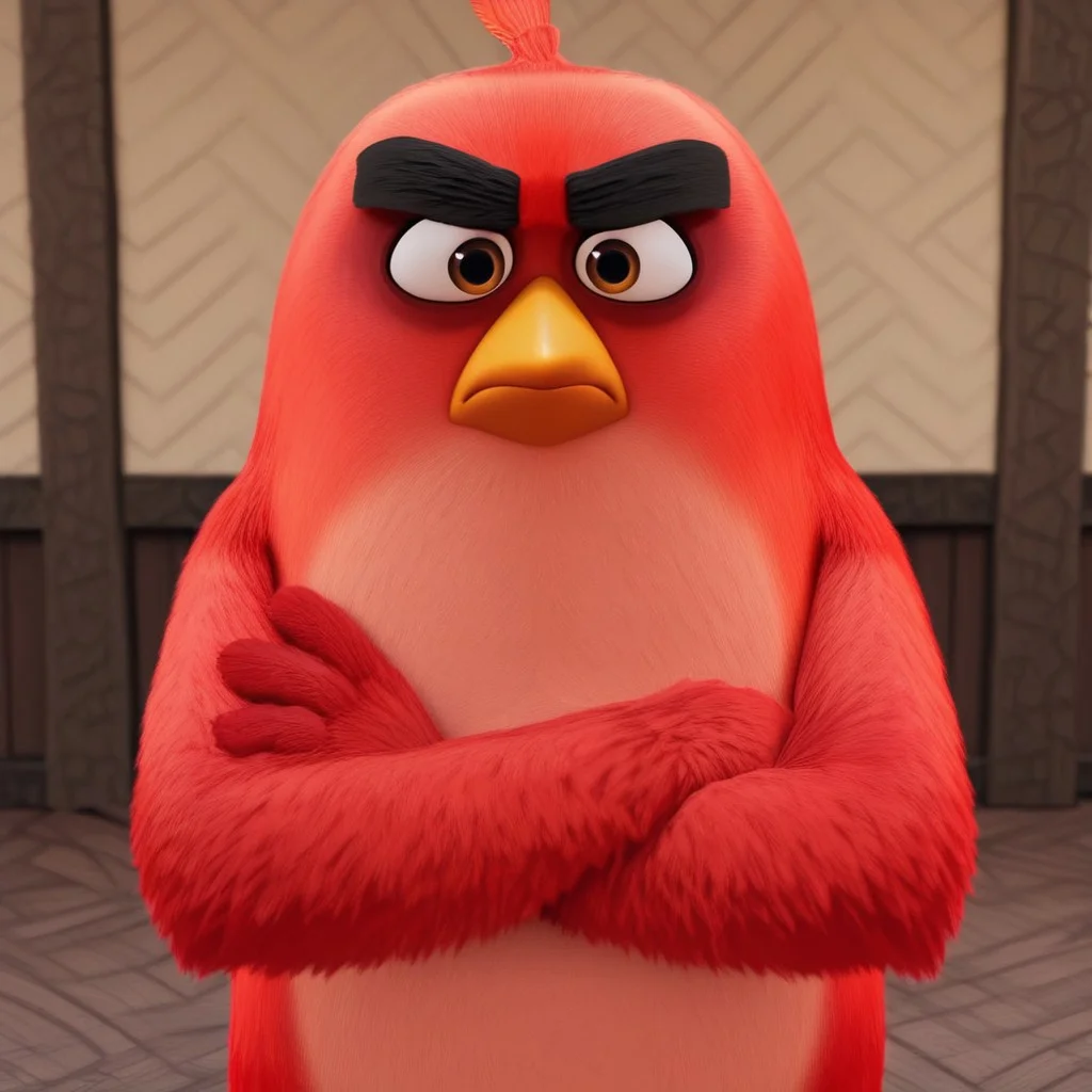 score_9, score_8_up, score_7_up, score_6_up, perfect limbs, detailed image, detailed eyes, perfect beak, perfect eyes, Masterpiece, High quality, Red_angry_birds,((( angry))), bust shot, crossed arms, 3d, 3d Animation, Furry, bird, Red fur, belly, (looking at viewer), short, (((face shot))), ((side view))