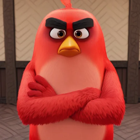 score_9, score_8_up, score_7_up, score_6_up, perfect limbs, detailed image, detailed eyes, perfect beak, perfect eyes, Masterpiece, High quality, Red_angry_birds,((( angry))), bust shot, crossed arms, 3d, 3d Animation, Furry, bird, Red fur, belly, (looking at viewer), short, (((face shot))), ((side view))