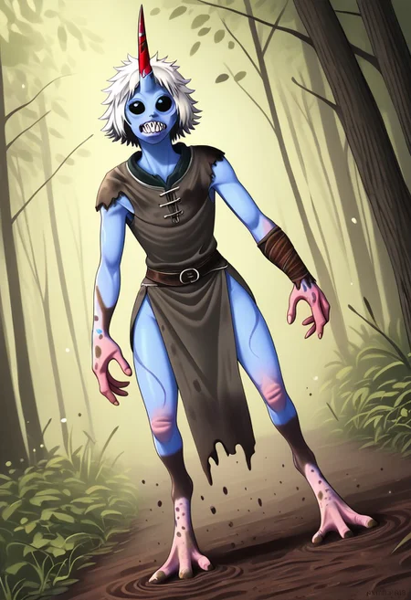 ((Alien humanoid)), solo, androgynous, aquatic features
blue skin, ((webbed skin between fingers)),
((nostrils only, nostril slits, vertical nasal slits, narrow nostrils)):1.6, ((narrow eyes)), ((black sclera, black irises)), smooth skin, pointy ears, small ears, tiny ears, holes in skin, forehead horn, short horn, veiny horn, ((single horn)):1.0, ((4 fingers)), fingernails, thin lips, ((white hair)), ((short hair, spiky hair)), sharp teeth, ((digitigrade legs)), bent legs,
full body shot
ragged clothes, muddy clothes, loincloth, tunic, dirty
Medieval style, fantasy style,
style: r1n,
((Variety)):1.2
((dutch angle))
river background
fully clothed, loose clothing, clean lines, smooth colors, detailed fingers, sfw, source: semi-realistic, rating: pg, score: 8 up, score: 9