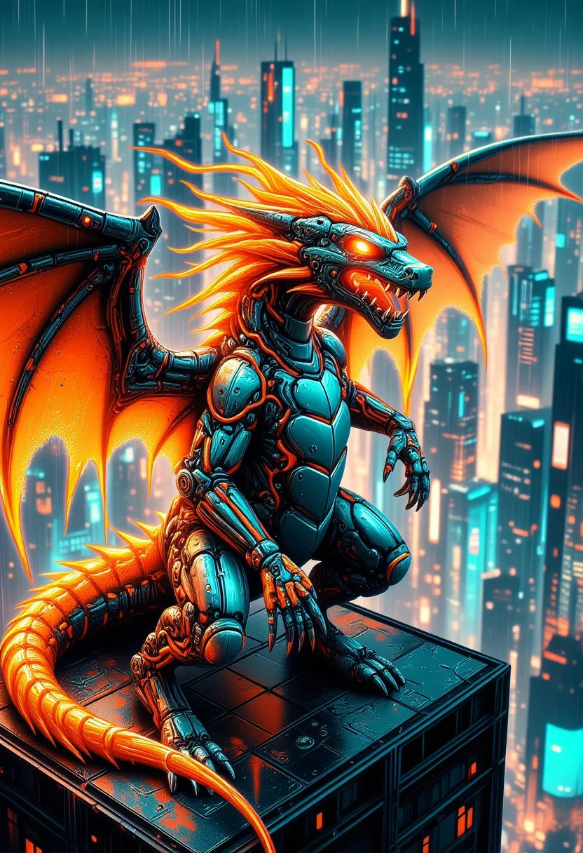 A cyberpunk Charizard, its scales replaced with sleek metallic plating glowing faintly with orange and blue neon lines. Its wings are made of translucent energy panels, crackling with electric currents, while its tail flame burns as a vibrant plasma orb, pulsing with shifting colors. Charizard sits atop a futuristic skyscraper. Cinematic focus on Charizard, with the cyberpunk skyline in the misty distance. aidmaMJ6.1, anime, zavy-dtlnm, paint splashes, mad-cybrpnkimprss