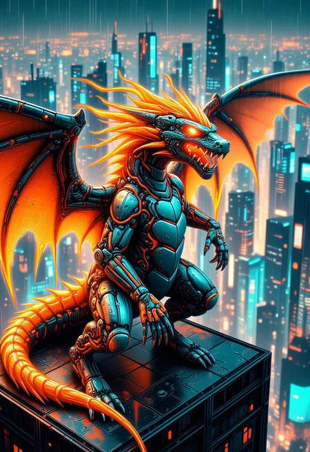 A cyberpunk Charizard, its scales replaced with sleek metallic plating glowing faintly with orange and blue neon lines. Its wings are made of translucent energy panels, crackling with electric currents, while its tail flame burns as a vibrant plasma orb, pulsing with shifting colors. Charizard sits atop a futuristic skyscraper. Cinematic focus on Charizard, with the cyberpunk skyline in the misty distance. aidmaMJ6.1, anime, zavy-dtlnm, paint splashes, mad-cybrpnkimprss