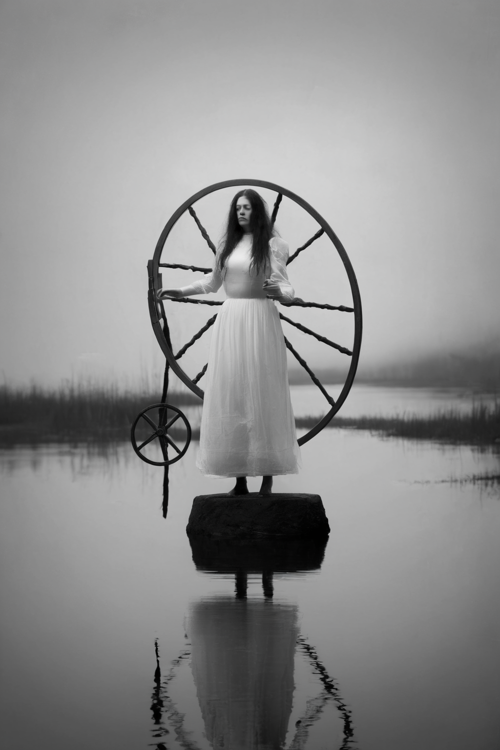 <lora:Photographer Maren Klemp Style:1>Photographer Maren Klemp Style - a woman in a white dress standing next to a spinning wheel near a body of water