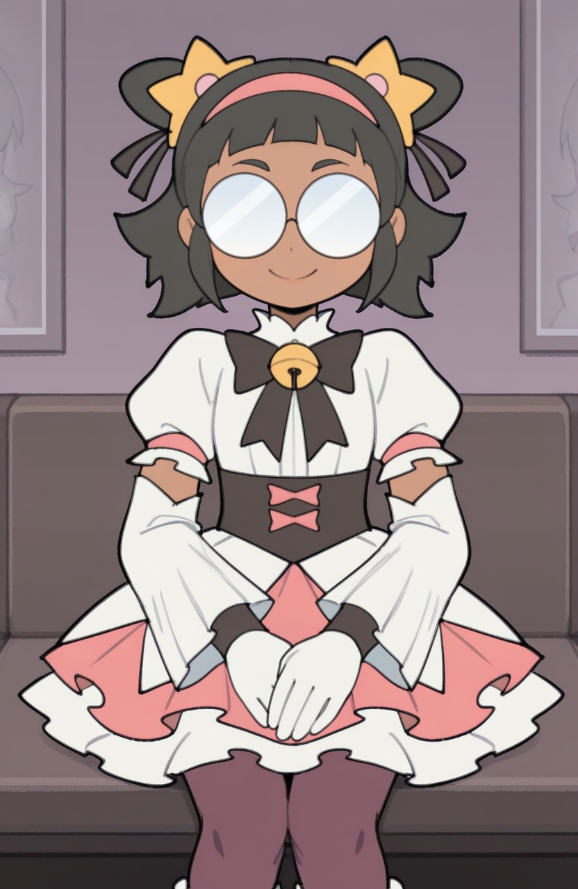 1girl, solo, <lora:TemmieChang_v5:0.9> tmchng,
<lora:3in1_PPP-I-DW-to-be-A-MG_ILv1b:0.5> zir@, glasses, opaque glasses, dark-skinned female, dark skin, black hair, magical girl outfit, bell sleeves, layered skirt, pantyhose, gloves, star motif, headband, sitting, hands loosely folded, introspective gaze, subdued smile, looking at photograph, extremely detailed, highres, masterpiece, best quality