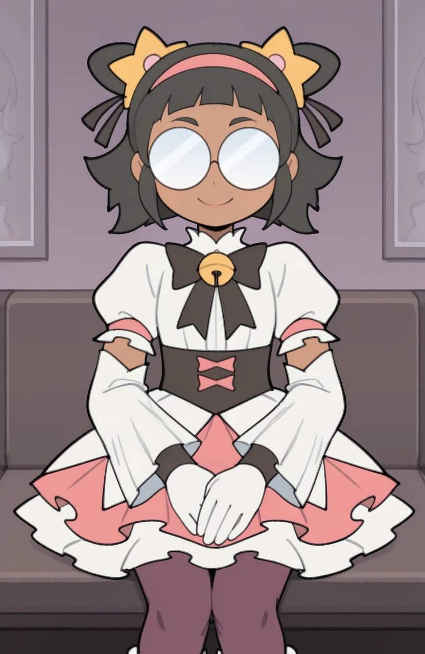 1girl, solo, <lora:TemmieChang_v5:0.9> tmchng,
<lora:3in1_PPP-I-DW-to-be-A-MG_ILv1b:0.5> zir@, glasses, opaque glasses, dark-skinned female, dark skin, black hair, magical girl outfit, bell sleeves, layered skirt, pantyhose, gloves, star motif, headband, sitting, hands loosely folded, introspective gaze, subdued smile, looking at photograph, extremely detailed, highres, masterpiece, best quality