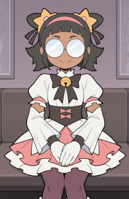 1girl, solo, <lora:TemmieChang_v5:0.9> tmchng,
<lora:3in1_PPP-I-DW-to-be-A-MG_ILv1b:0.5> zir@, glasses, opaque glasses, dark-skinned female, dark skin, black hair, magical girl outfit, bell sleeves, layered skirt, pantyhose, gloves, star motif, headband, sitting, hands loosely folded, introspective gaze, subdued smile, looking at photograph, extremely detailed, highres, masterpiece, best quality