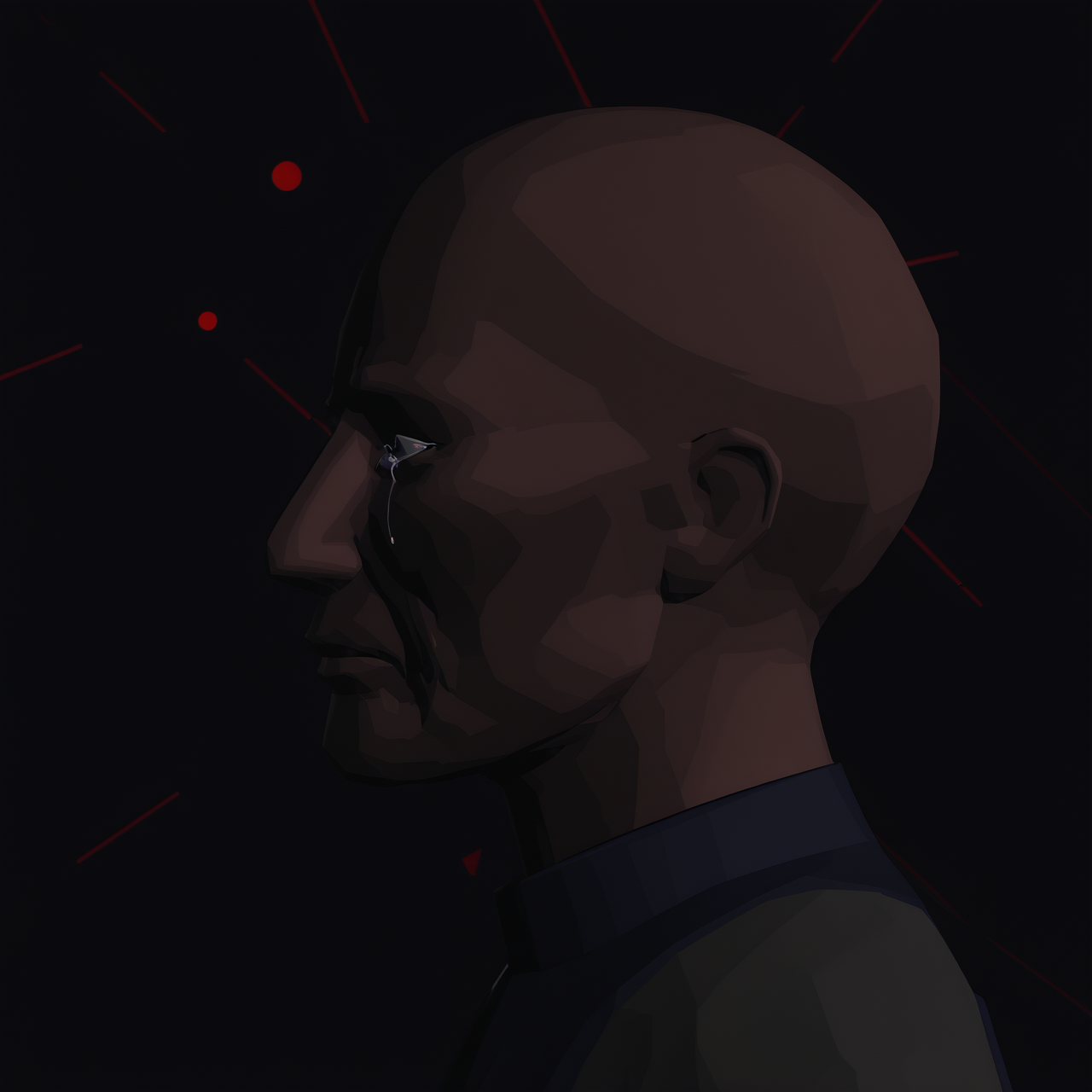 sfw, <lora:killer7_Artstyle_Illustrious:1>, killer7style, flat colors, polygonal, high contrast, 3d, tears, old man, bald, face close-up, profile, priest, black background, red dots in background,