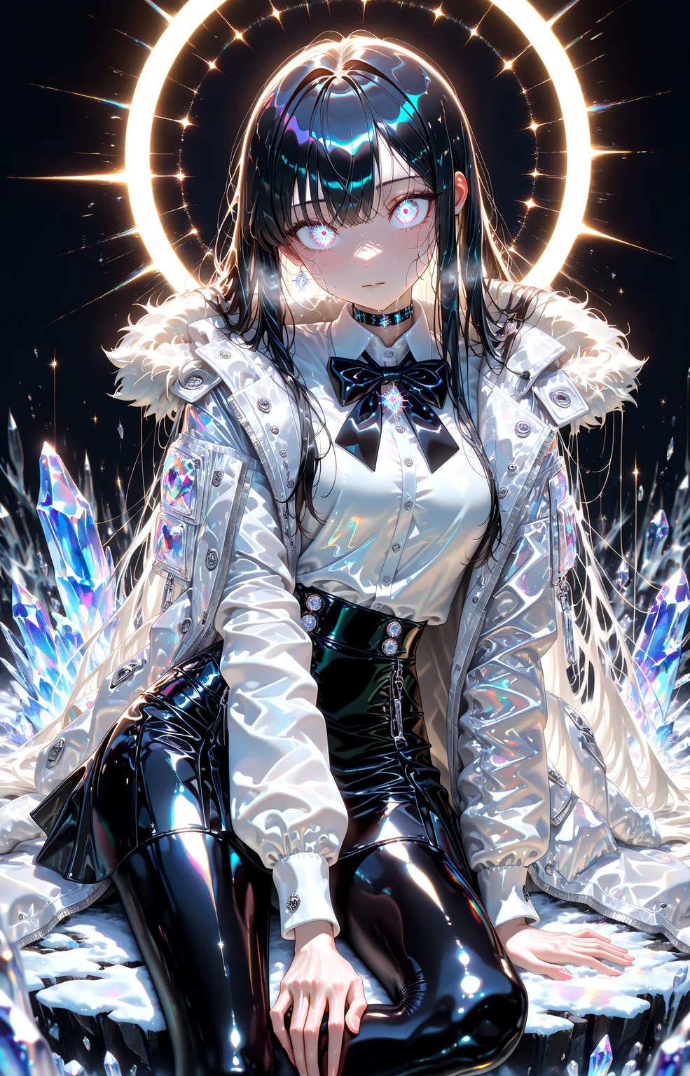 masterpiece, best quality, amazing quality, very aesthetic, absurdres, newest,
ice_crystal,winter,indoor,dark_background,
1girl,,bowtie,skirt,lace,pantyhose,long_black_hair, facelight
sitting black_sofa, from front very close-up
looking_at_viewer,glowing,latex,luster,shiny_skin,
{{best_quality}},{{amazing_quality,very_aesthetic}},
masterpiece, best quality, amazing quality, very aesthetic, absurdres, newest, volumetric lighting, <lora:spo_sdxl_10ep_4k-data_lora_webui:1> <lora:holographiccolor:1>