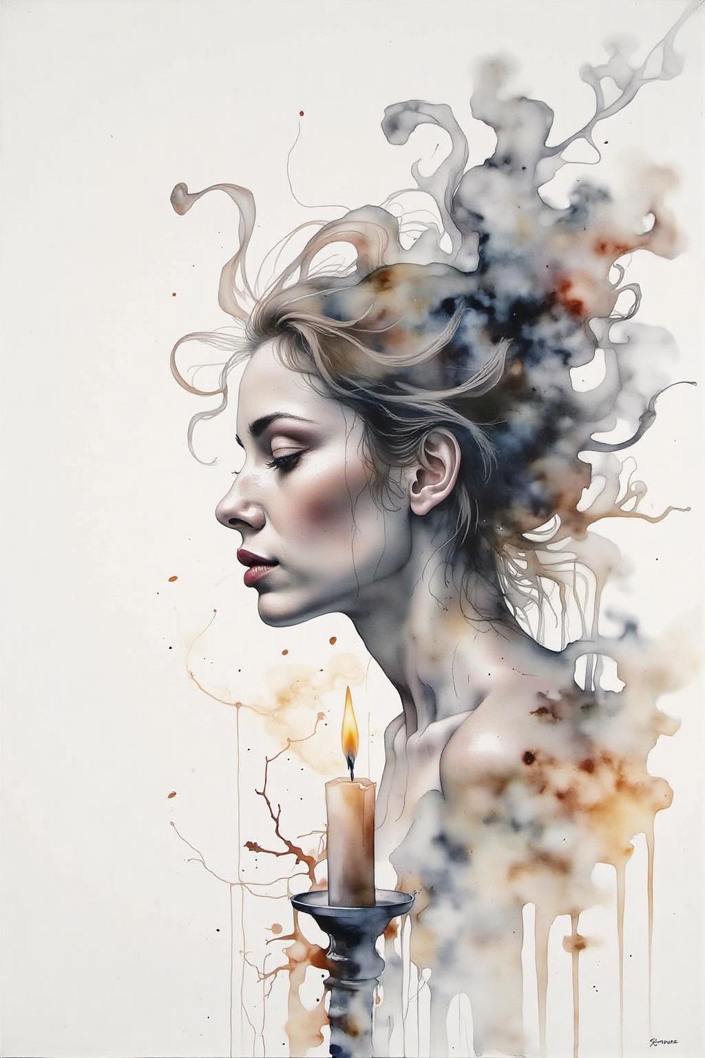 yawc1 watercolor. Wisps of smoke rising from a candle in the form of a woman's profile   <lora:yawcolor_nocap1_d4a2:1.0> <lora:Flux-Sch-SingleBlocks-BF16:1.0><lora:799523937848619881:0>