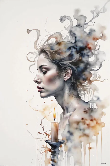 yawc1 watercolor. Wisps of smoke rising from a candle in the form of a woman's profile <lora:yawcolor_nocap1_d4a2:1.0> <lora:Flux-Sch-SingleBlocks-BF16:1.0><lora:799523937848619881:0>