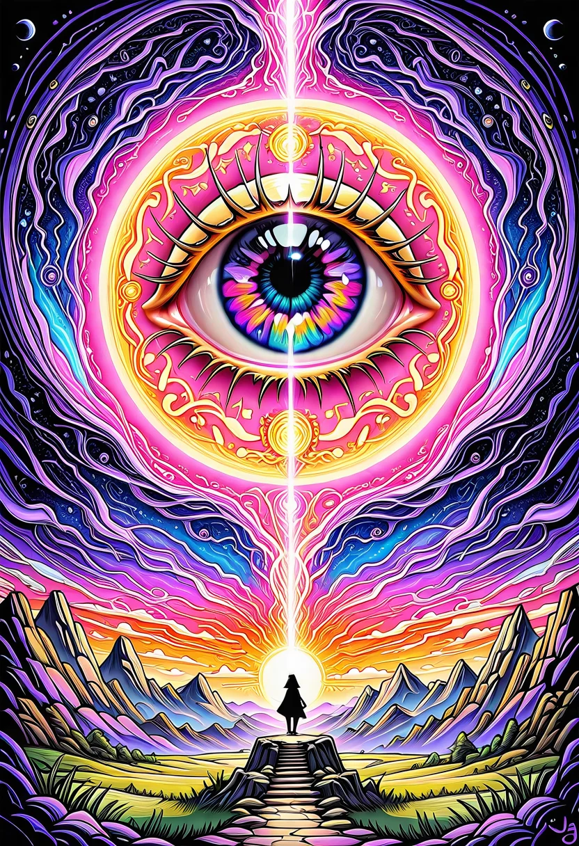This digital artwork, likely created in a highly detailed, vibrant style, showcases a breathtaking, otherworldly landscape at sunset. The composition utilizes the rule of thirds, with the horizon line and the two figures in the foreground creating leading lines that draw the viewer's eye towards the glowing, luminous center of the image. The scene is dominated by towering, jagged mountains with sharp peaks and a deep, shadowed foreground. The sky is a mesmerizing blend of pink, purple, and blue hues, with a large, glowing planet or moon hovering above, casting an ethereal light over the landscape. The background is in focus, enhancing the depth of field and the sense of vastness.
The figures, likely two people, are small in scale compared to the landscape, adding to the sense of awe and wonder. They are positioned in the lower right third of the image, standing on a hill with a small stream flowing beside them. The lighting is dramatic, with the sun casting a golden glow on the figures and the landscape, creating a high contrast between light and shadow.
The image is free of watermarks and JPEG artifacts, ensuring high aesthetic quality. The overall composition is symmetrical and balanced, with the glowing center of the image providing a focal point that draws the viewer's eye. The subjective aesthetic quality of the image is very high, with rich, vivid colors and intricate details that evoke a sense of wonder and awe.