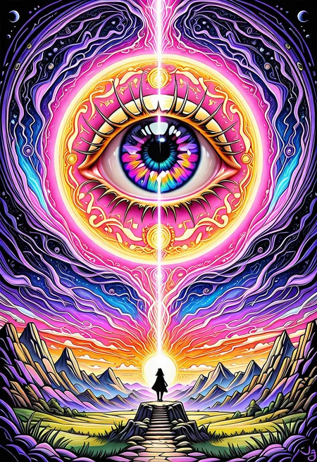 This digital artwork, likely created in a highly detailed, vibrant style, showcases a breathtaking, otherworldly landscape at sunset. The composition utilizes the rule of thirds, with the horizon line and the two figures in the foreground creating leading lines that draw the viewer's eye towards the glowing, luminous center of the image. The scene is dominated by towering, jagged mountains with sharp peaks and a deep, shadowed foreground. The sky is a mesmerizing blend of pink, purple, and blue hues, with a large, glowing planet or moon hovering above, casting an ethereal light over the landscape. The background is in focus, enhancing the depth of field and the sense of vastness.
The figures, likely two people, are small in scale compared to the landscape, adding to the sense of awe and wonder. They are positioned in the lower right third of the image, standing on a hill with a small stream flowing beside them. The lighting is dramatic, with the sun casting a golden glow on the figures and the landscape, creating a high contrast between light and shadow.
The image is free of watermarks and JPEG artifacts, ensuring high aesthetic quality. The overall composition is symmetrical and balanced, with the glowing center of the image providing a focal point that draws the viewer's eye. The subjective aesthetic quality of the image is very high, with rich, vivid colors and intricate details that evoke a sense of wonder and awe.