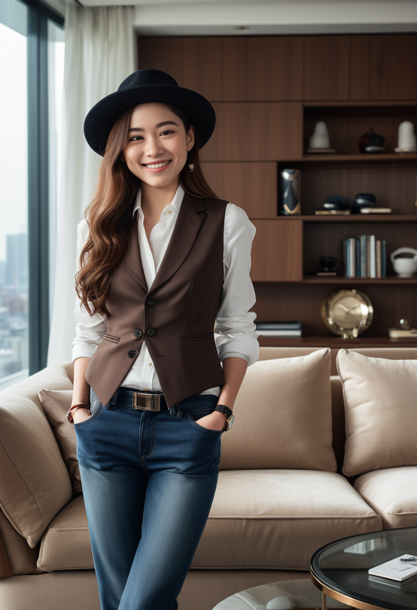 (medium full shot) of (refined dapper young gentlewoman, petite build, long brown hair), korean, light skin, brown eyes, wearing a fedora, black silk vest, slim-fit jeans, oxford shoes, silk tie, designer wristwatch cufflinks, set in  a modern penthouse, with floor-to-ceiling windows, a sleek sectional sofa, a marble coffee table, minimalist shelving , at night, woman smiling, detailed face, ,Masterpiece,best quality, photo, realistic, very aesthetic