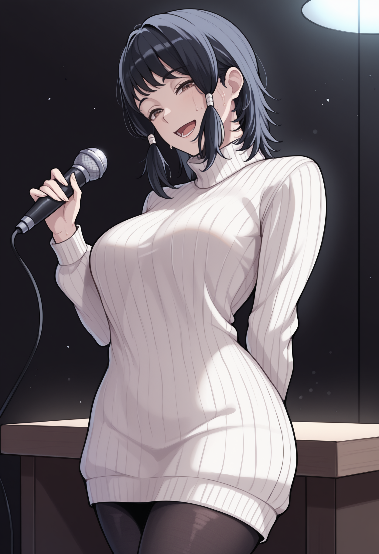 masterpiece, best quality, <break> solo, 1girl, m1fune, sweat, :d, lower teeth only, looking at viewer, standing, hand up, holding microphone, arm behind back, short hair, black hair, hair tubes, brown eyes, white sweater, sweater dress, ribbed sweater, turtleneck, black pantyhose, indoors, dark background, sidelighting, table
<segment:yolo-Anzhc Face seg 640 v2 y8n.pt,0.4,0.5//cid=1>