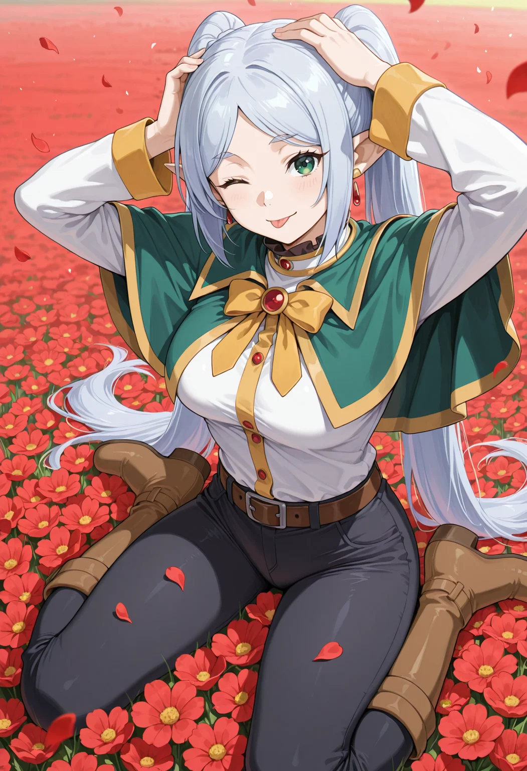 masterpiece, best quality, highres, absurdres, 1girl, solo, grey hair, twintails, pointy ears, earrings, long hair, parted bangs, (konosuba:0.85), (satou kazuma:0.85), field, flower, flower field, falling petals, petals, red flower, wariza, from above, w sitting, green eyes, boots, brown footwear, black pants, brown belt, green capelet, white shirt, long sleeves, looking at viewer, dojikko pose, tongue out, one eye closed, hand on own head, arm up, tehepero, light smile, closed mouth