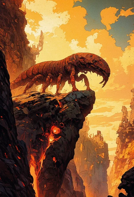A breathtaking sci-fi fantasy digital painting of a colossal centipede-like creature traversing an otherworldly, fragmented landscape. The creature has an elongated, segmented body covered in intricate, tribal-like patterns glowing faintly with a mysterious energy. Its many legs grip onto the floating rocky terrain, which appears to be part of a shattered, futuristic world with jagged cliffs and glowing fissures. The background consists of a dramatic sky filled with swirling golden clouds, beams of light piercing through the chaos, and remnants of an ancient alien civilization embedded within the broken cliffs. The scene is illuminated by an intense warm glow, contrasting with the dark, organic form of the creature. The composition is dynamic, with a strong sense of movement as the massive being navigates the unstable terrain, evoking both awe and fear. The art style blends sci-fi, surrealism, and dark fantasy, featuring intricate details and a cinematic atmosphere.
,  anime, cyberpunk