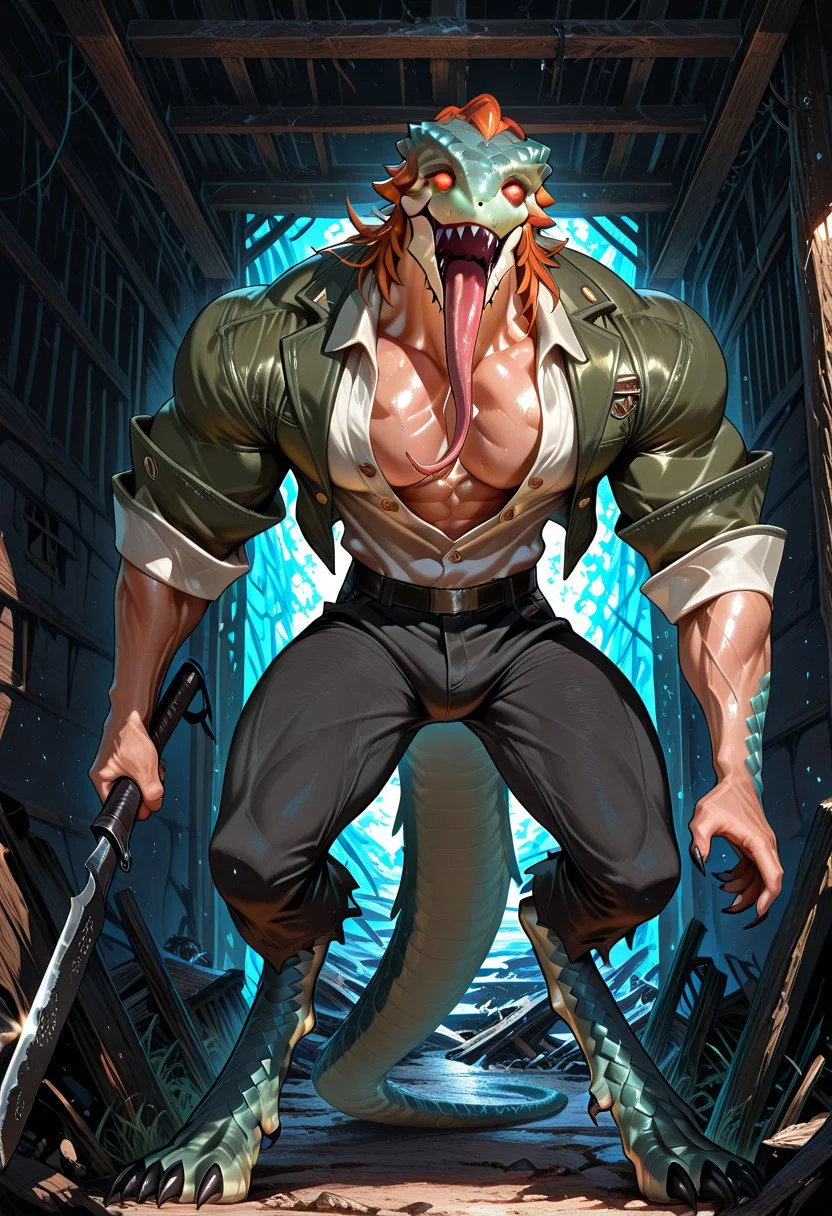 score_9, score_8_up, score_7_up, score_6_up, score_5_up, score_4_up, high quality, (detailed eyes:1.5), (detailed face), ((perfect face)), master piece, best high quality, ultra details, intricate details, male focus, detailed body, detailed background, perfect anatomy, masterpiece, high quality, best quality, amazing quality, very aesthetic, absurdres, Evil Reptilian, Orange Hair, Blue Scales, Green Scales, Red Eyes, Green Jacket, White button shirt, open shirt, anthro lizard, shipwreck location, holding kukri, mouth open, sharp teeth, long tongue, glowing eyes, dark atmosphere, digitigrade, clawed hand, clawed feet, lizard tail, muscular, muscular arms, muscular pecs, broad shoulders, muscular legs, big feet