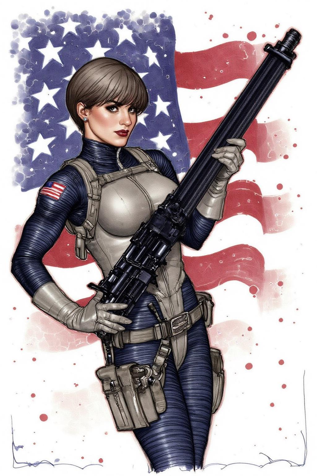 adhughes1 illustration in a comic book style.
A drawing in a comic book style featurin a woman with a muscular build and short straight hair styled in bangs. She is dressed in a form-fitting, high-tech outfit with a dark blue and gray color scheme, reminiscent of tactical gear or a military uniform. The outfit includes a chest harness, gloves, and a belt with various pouches and straps, suggesting she is prepared for combat or a mission. She is holding a machine gun and launghing. There is an American flag behind her.
 <lora:adhughes2_cap_d8a4e12:1.0><lora:834321857370003209:0>
