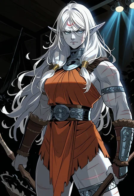 masterpiece, best quality, newest, absurdres, highres, HadesCharacterArtstyle-IL-V1.0, 1girl, mature and imposing, 30 years old, beautiful, elf, dramatic lights, white hair, (long hair:1.3), side bangs, barbarian, gladiator, white skin, white colored skin, albino, albino skin, muscular, athletic, scars, (smug:0.85), medium brests, blue eyes, mature, scars, scar on face, angry, annoyed, toned, muscular woman,