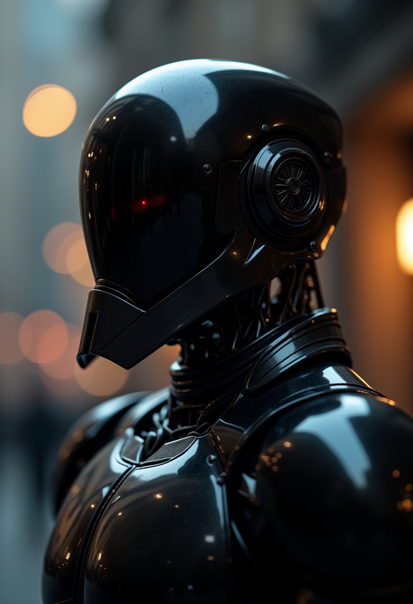 portrait of a guard android, robotic,
mechanical,
black reflective armour, metal plating,
80mm, f/1.8, dof, bokeh, depth of field