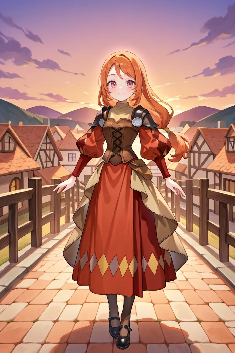 <lora:MonicaIL:0.75> , MoniDef, 1girl, pink eyes, long hair, orange hair, low-tied long hair, juliet sleeves, shoulder pads, patchwork clothes, layered dress, corset, brown corset, long skirt, red skirt, waist cape, beige waist cape, long sleeves, pantyhose, mary janes, black shoes, red sleeves, yellow juliet sleeves, full body, smile, evening, looking at viewer, town square, village, medieval fantasy, beige undershirt, masterpiece, very aesthetic, absurdres, best quality, amazing quality, high resolution, detailed background, <lora:illustrious_quality_modifiers_masterpieces_v1:0.8> , <lora:ChamIllustriousBackgroundEnhancer:0.5>,