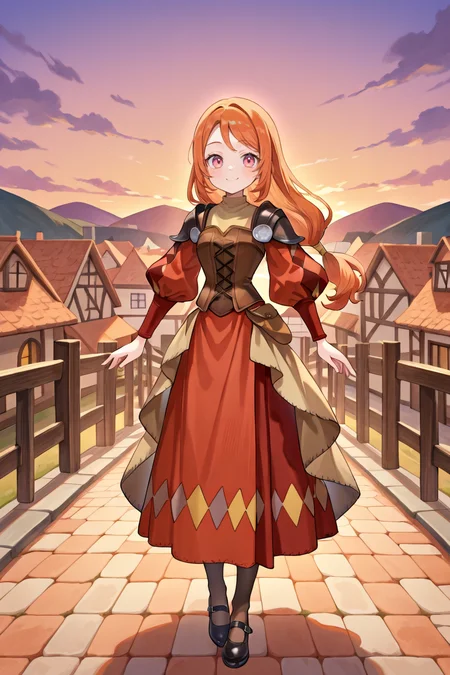 <lora:MonicaIL:0.75> , MoniDef, 1girl, pink eyes, long hair, orange hair, low-tied long hair, juliet sleeves, shoulder pads, patchwork clothes, layered dress, corset, brown corset, long skirt, red skirt, waist cape, beige waist cape, long sleeves, pantyhose, mary janes, black shoes, red sleeves, yellow juliet sleeves, full body, smile, evening, looking at viewer, town square, village, medieval fantasy, beige undershirt, masterpiece, very aesthetic, absurdres, best quality, amazing quality, high resolution, detailed background, <lora:illustrious_quality_modifiers_masterpieces_v1:0.8> , <lora:ChamIllustriousBackgroundEnhancer:0.5>,