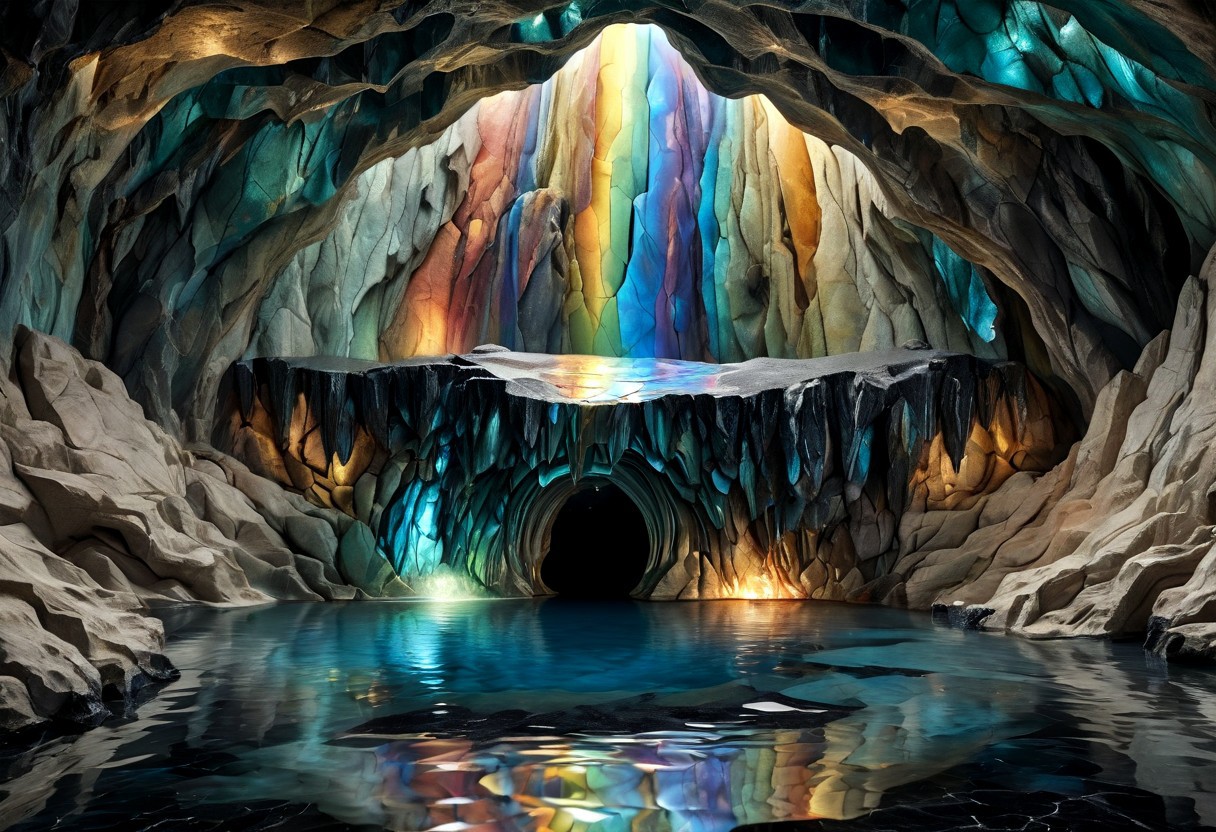 Iridescent Damascus, photorealistic, film grain, candid camera, color graded cinematic, eye catching, atmospheric lighting, highly detailed, deep depth of field, wide angle, wide view of a vast cavern, surreal, soft organic shapes, natural formation,smoothed by time and water, a (vast space:1.9) opening before the viewer,  an underground lake, crystal clear water, irregular shape formed by millenia of flowing water, reflecting torchlight, crystals in the rock walls glint in the (colours of the rainbow:1.6), intricately patterned with (labradorite:1.8) and moonstone, contrasted with (black granite:2.0), soft rounded shaped rock inviting to sit down near a fire pit, surreal, Dalí, Magritte