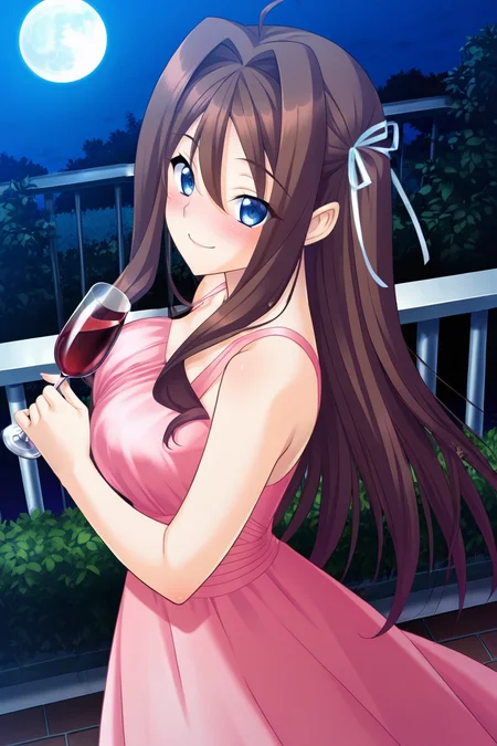 (masterpiece, best quality, game cg,highly_detailed,extremely_detailed_CG_unity_8k_wallpaper,illustration,highres,absurdres:1.2),1woman,solo, <lora:Mayu_HKG3:1>,hkgmayu,brown hair,ahoge,hair intakes,long hair,hair ribbon,white ribbon,blue eyes,straps,cleavage,bare shoulders,long dress,pink dress,from side,outside,xtanding,balcony,garden,night,moon,pretty,blushing,cute,holding a wine glass,looking at viewer,from above,smile,height,deph of field