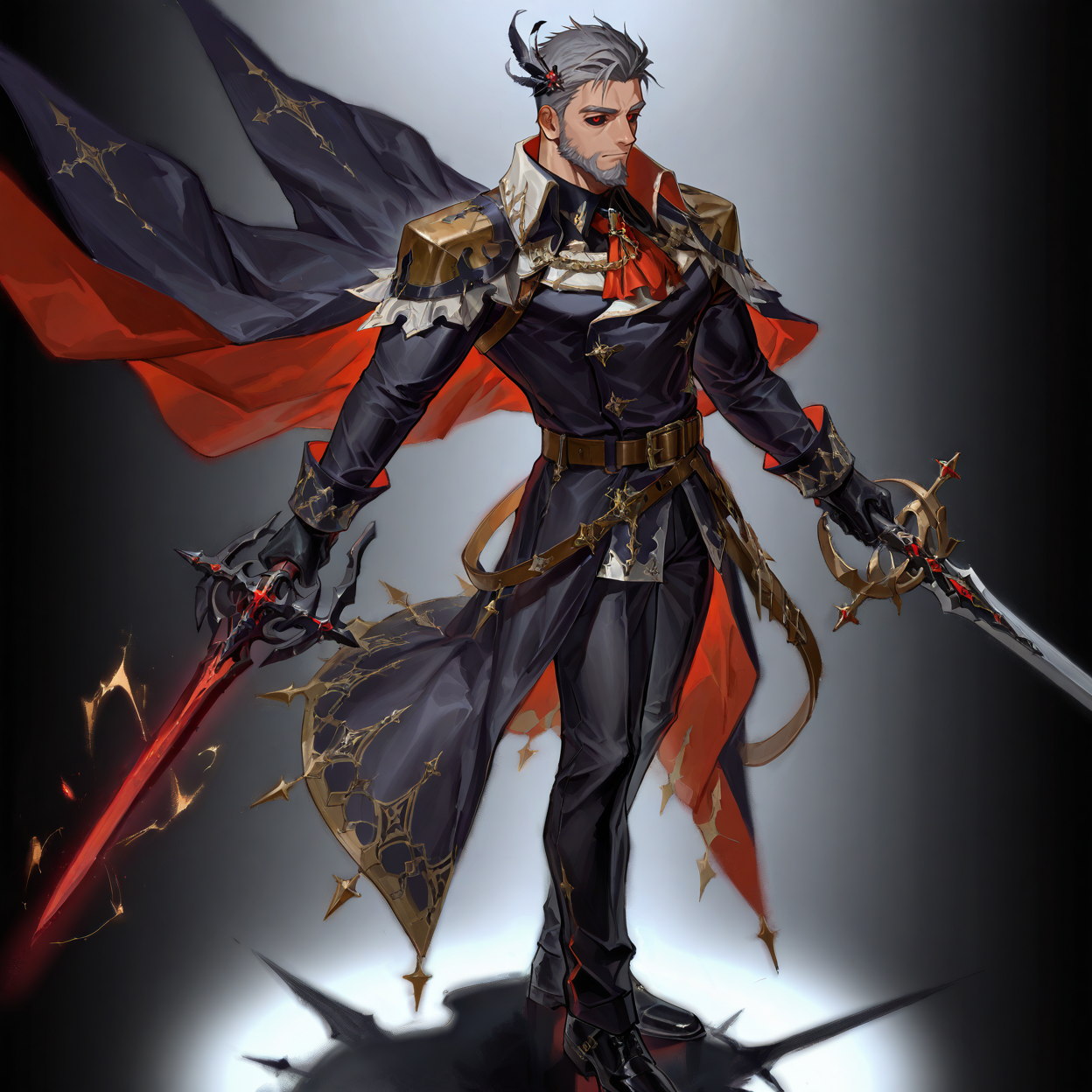 <lora:Zahar_Alchemist_Code-000003:.5> tagatamezahar, 1boy, grey hair, black sclera, red eyes, hair ornament, solo, muscle body, male focus, manly, mature male, collared shirt, ascot, long sleeves, cape, coat, belt, pants, holding sword, shoes, armor
(very short hair, beard, bara, mature, facial hair, stubble, beard, full beard, sideburn, beard, a lot of beard, ), facial hair,male focus, muscular male, muscular male, bara, mature,  bara, mature, aixiwuganda_(20222192), very awa, masterpiece, best quality, absurdres, newest, perfect quality, detailed background, intricate details,
<lora:slider_Body Type_alpha1.0_rank4_noxattn_last:3><lora:Anime Summer Days 2 Style SDXL_LoRA_Pony Diffusion V6 XL:.6><lora:slider_cfg_scale_boost:.7><lora:Artist6p:.55>, Artist6p, Artist04p,<lora:slider_il_brightness_slider_d1:-1><lora:slider_il_contrast_slider_d1:-1><lora:slider_DarkSlider1.2_alpha1.0_rank16_full_300steps:-.6>