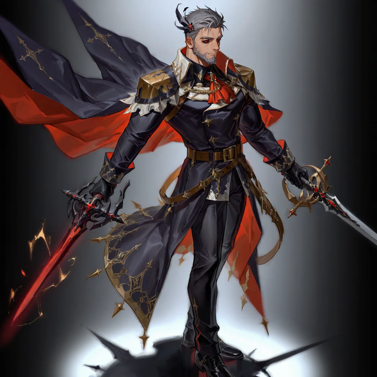 <lora:Zahar_Alchemist_Code-000003:.5> tagatamezahar, 1boy, grey hair, black sclera, red eyes, hair ornament, solo, muscle body, male focus, manly, mature male, collared shirt, ascot, long sleeves, cape, coat, belt, pants, holding sword, shoes, armor
(very short hair, beard, bara, mature, facial hair, stubble, beard, full beard, sideburn, beard, a lot of beard, ), facial hair,male focus, muscular male, muscular male, bara, mature,  bara, mature, aixiwuganda_(20222192), very awa, masterpiece, best quality, absurdres, newest, perfect quality, detailed background, intricate details,
<lora:slider_Body Type_alpha1.0_rank4_noxattn_last:3><lora:Anime Summer Days 2 Style SDXL_LoRA_Pony Diffusion V6 XL:.6><lora:slider_cfg_scale_boost:.7><lora:Artist6p:.55>, Artist6p, Artist04p,<lora:slider_il_brightness_slider_d1:-1><lora:slider_il_contrast_slider_d1:-1><lora:slider_DarkSlider1.2_alpha1.0_rank16_full_300steps:-.6>