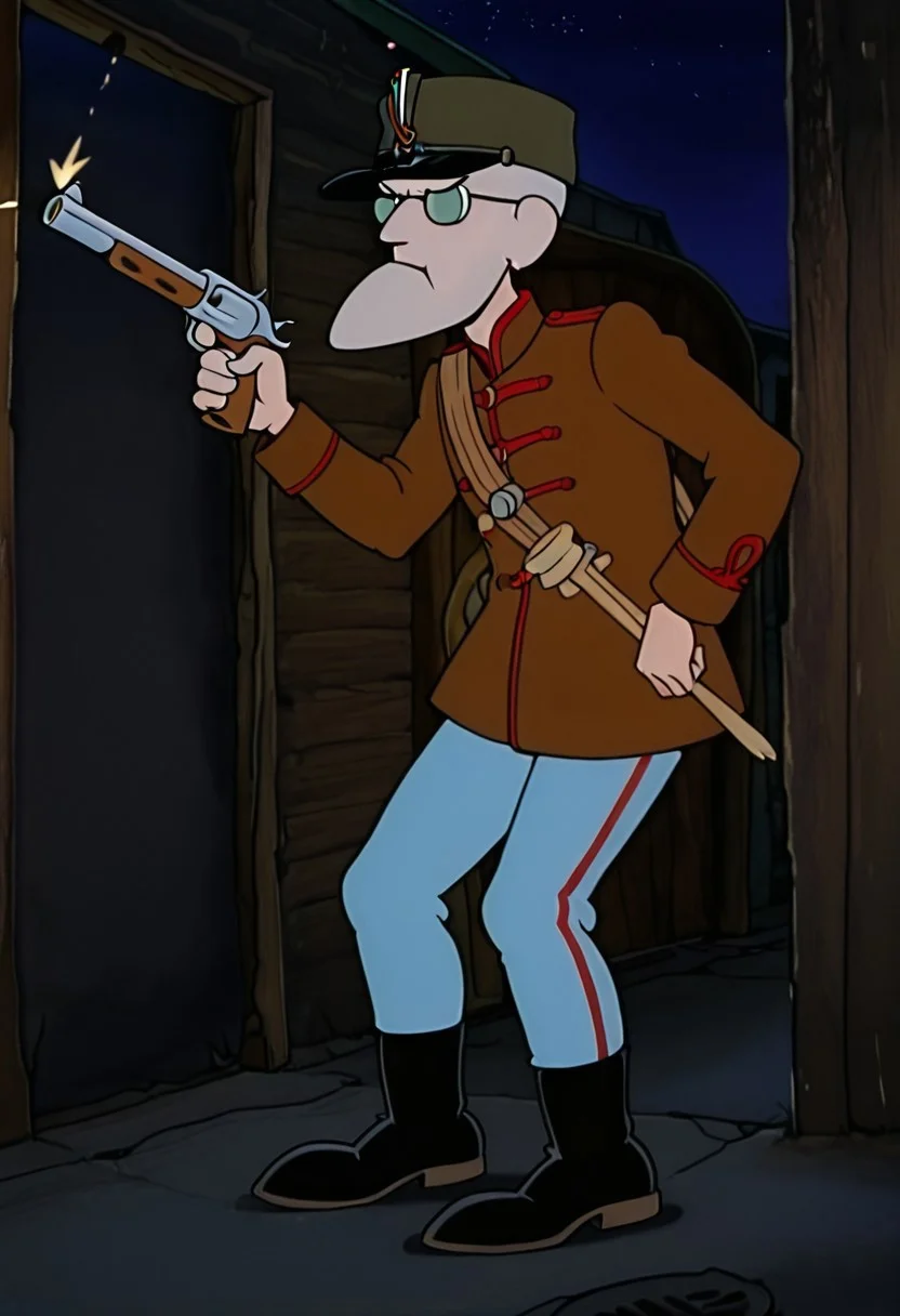 masterpiece, best quality, 1boy, solo, Eustace, glasses, grumpy expression, firing gun, classic wooden handle percussion cap pistol in left hand, alley background, detailed background, night, 
((traditional central european military fashion, light blue hussar hat with black visor, red-white-green cockade on the hussar hat, hungarian red-trimmed brown hussar atilla jacket, light blue pants with loop decorations, sturdy black boots, ))