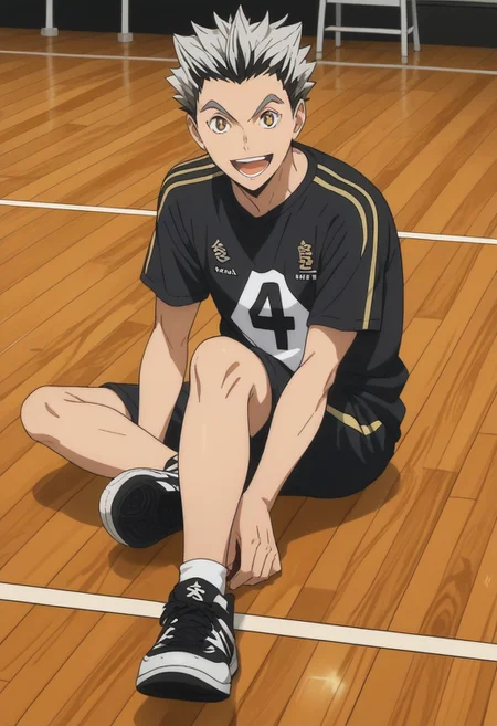 score_9, score_8_up, score_7_up, source_anime, rating_safe, Bokaikyu, 1boy, male focus, anime screencap, open mouth, wide smile, teeth, white-black Fukurodani shirt, black Fukurodani shorts, sitting, black sneakers,