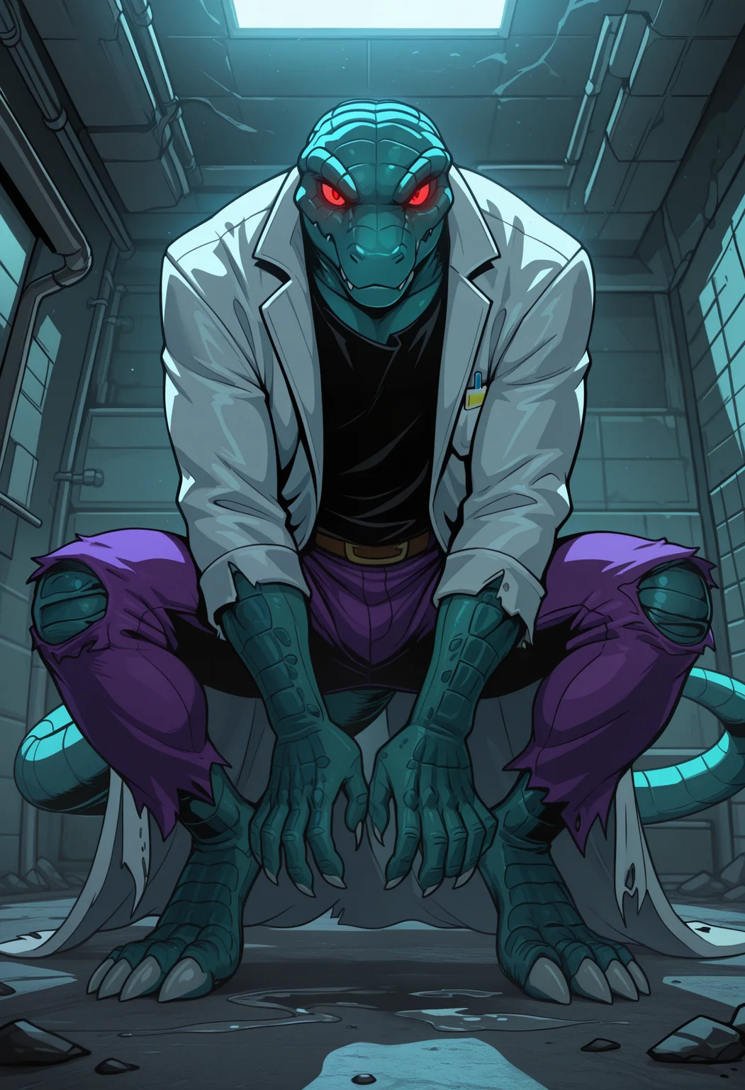 masterpiece, best quality, amazing quality, solo, 1boy, LizardMV, Black Shirt, Purple Pants, Labcoat, red eyes