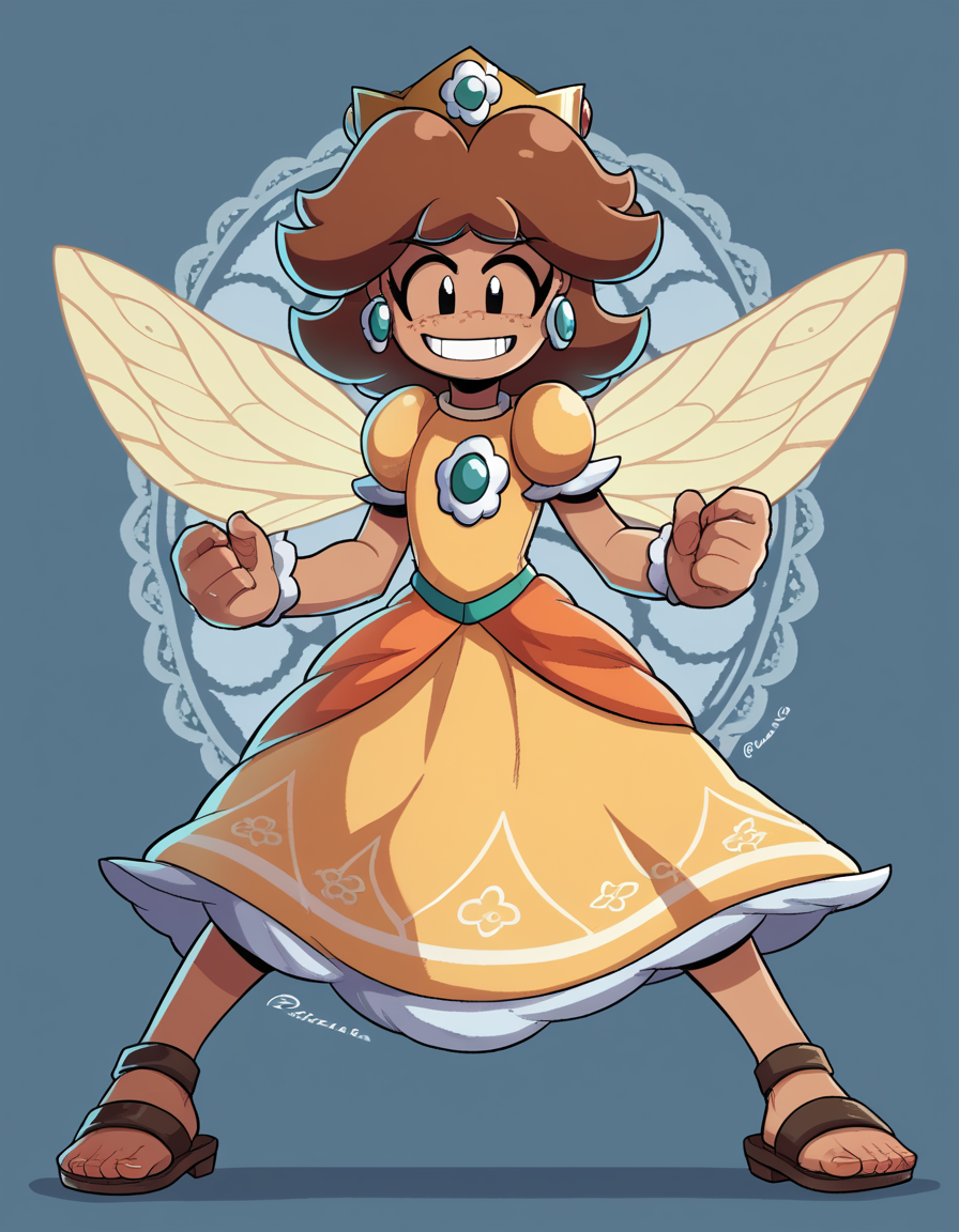 zPDXL, score_9, score_8_up, score_7_up, source_anime, 1girl, solo,
 <lora:PringleDingle_v2-15:1> pringus, Princess Daisy, brown hair, medium hair, freckles, tan-skinned female, grin, happy, tomboy, w arms, valkyrie wearing Feywild breastplate with enchanting glow, ethereal skirt, floral crown, fairy-winged sandals, Silk wings adorned with runic patterns, (portrait),