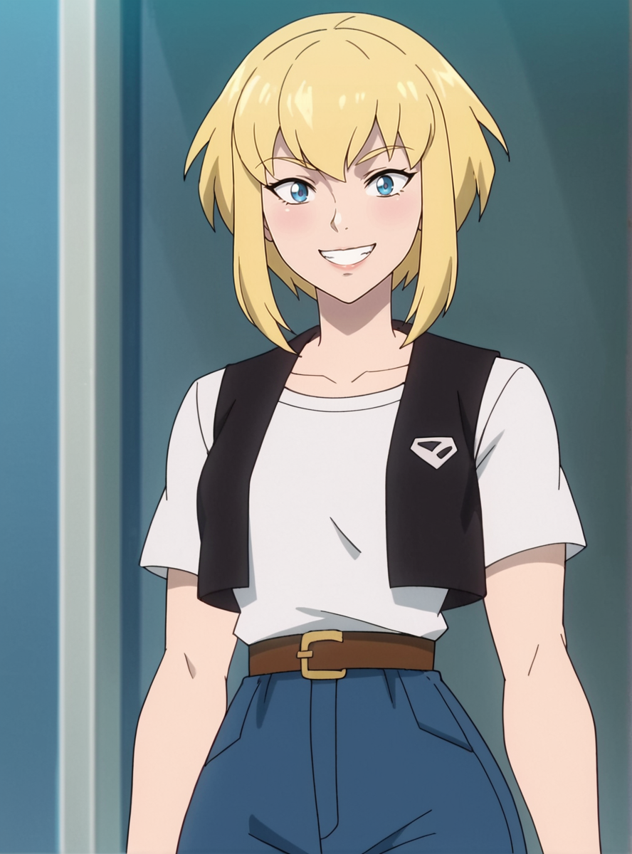 score_9, score_8_up, score_7_up, score_6_up, score_5_up, score_4_up,  source_anime , anime screencap,   <lora:KaraSuper:0.8>1girl, blonde hair, solo,pants, vest, shirt, karacivil, short hair, , sidelocks, blue eyes,  , wide hips, narrow waist, smile