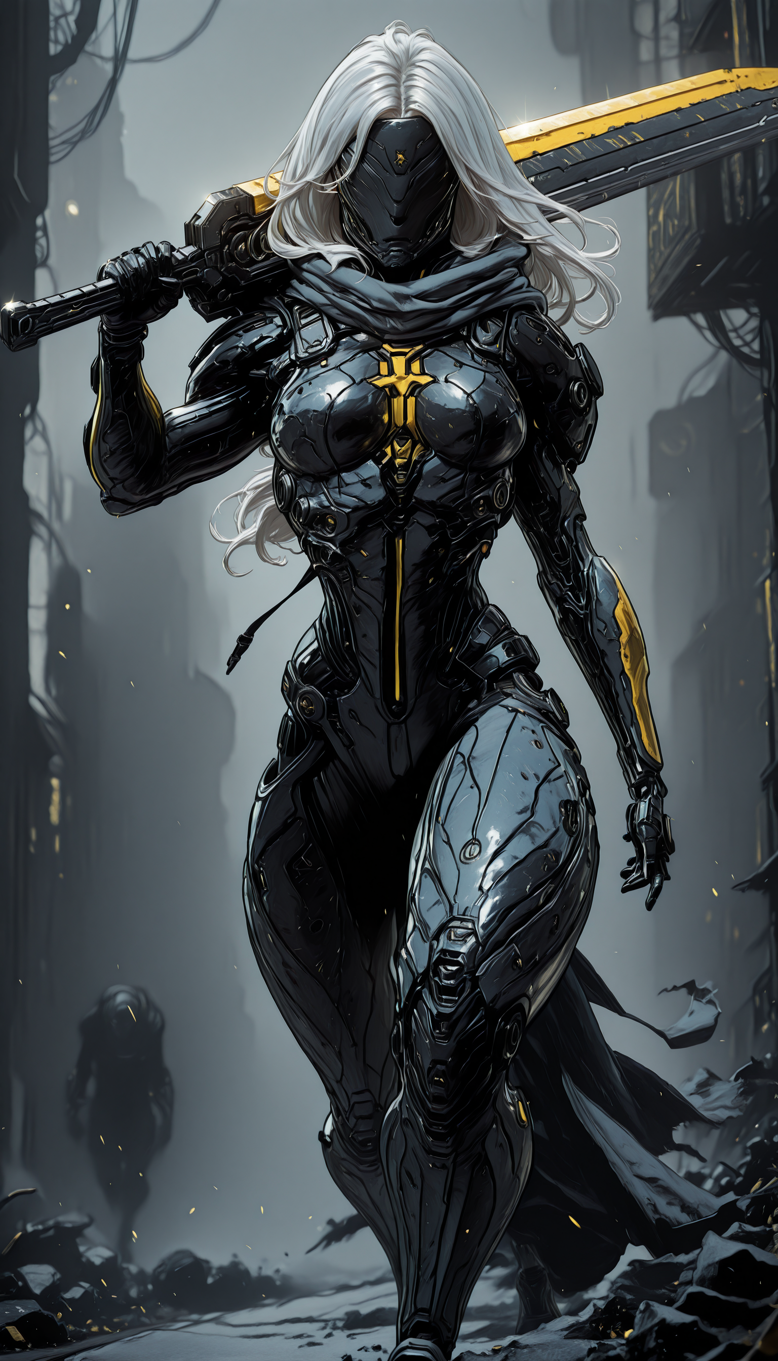 An4chr0t3ch,, covered eyes, headgear,,    holding weapon, fighting stance, holding  buster sword,huge weapon,, WCG-Illu,, kaarea masterpiece, best quality, high quality, ultra-detailed, realistic,  traditional media, vivid_color, high contrast, speed lines, move_effects, action Create a detailed digital artwork of a futuristic armored figure standing in a desolate, industrial setting. The figure is clad in sleek, dark metallic armor with a cross emblem on the chest and a flowing cape that billows behind them. The armor is adorned with various mechanical components, and the figure wields a long, sharp weapon with a metallic sheen. The background is a muted gray, with a structure that appears to be part of a larger industrial facility, and there are yellow and black stripes on the ground. The overall color palette is dominated by shades of gray, black, and silver, with splashes of white and yellow. The style of the artwork leans towards a cyberpunk or dystopian theme, with the figure exuding a sense of readiness and vigilance. 1girl, solo, long_hair, breasts, holding, full_body, white_hair, weapon, sword, holding_weapon, armor, mask, bodysuit, holding_sword, science_fiction, walking, over_shoulder, cyborg, weapon_over_shoulder, cyberpunk, An4chr0t3ch,, covered eyes, headgear,,    holding weapon, fighting stance, holding  buster sword,huge weapon,, WCG-Illu,, kaarea