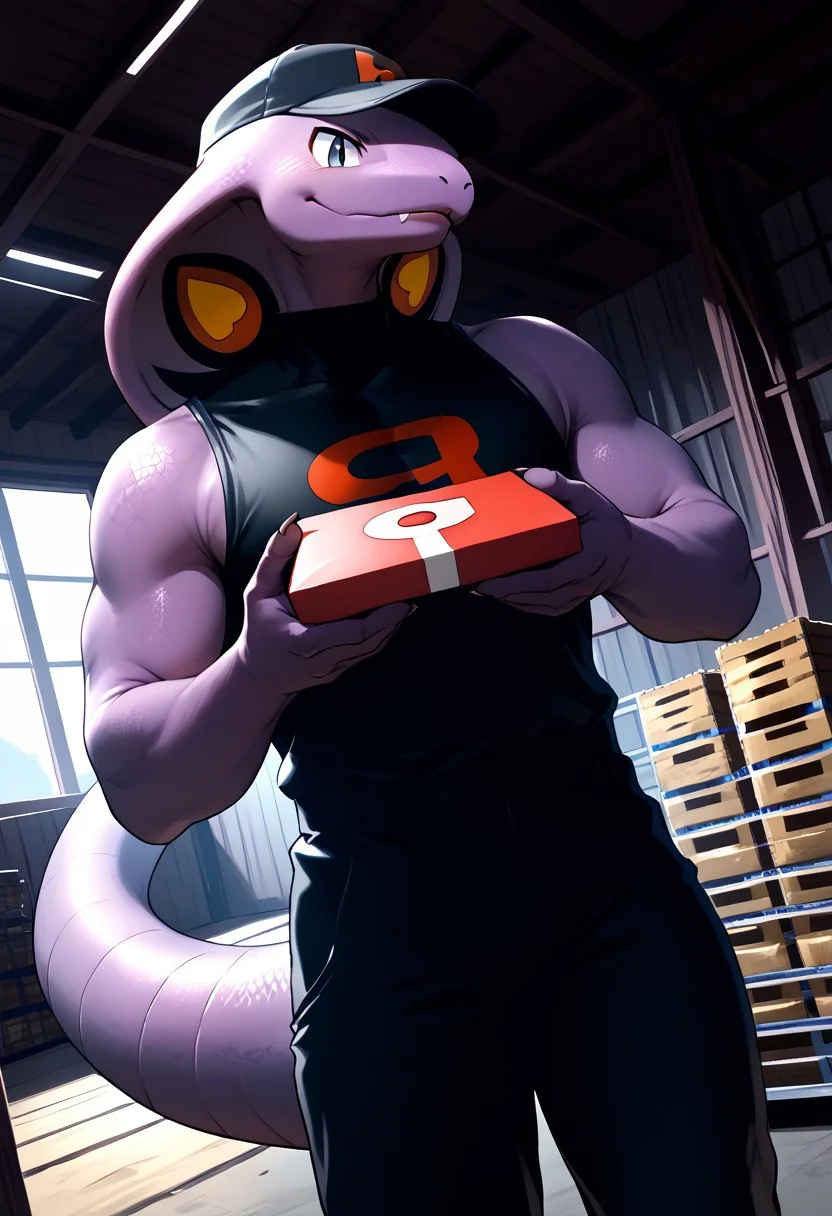 score_9, score_8_up, score_7_up, score_6_up, score_5_up,  (dutch angle), (solo, male_focus), (arbok, snake, pokemon, anthro, wearing team rocket uniform, black pants, black cap with red R), (holding a chest box, dynamic pose), (warehouse, indoor), (extremely detailed background, detailed landscape), (extremely detailed, masterpiece, high quality)