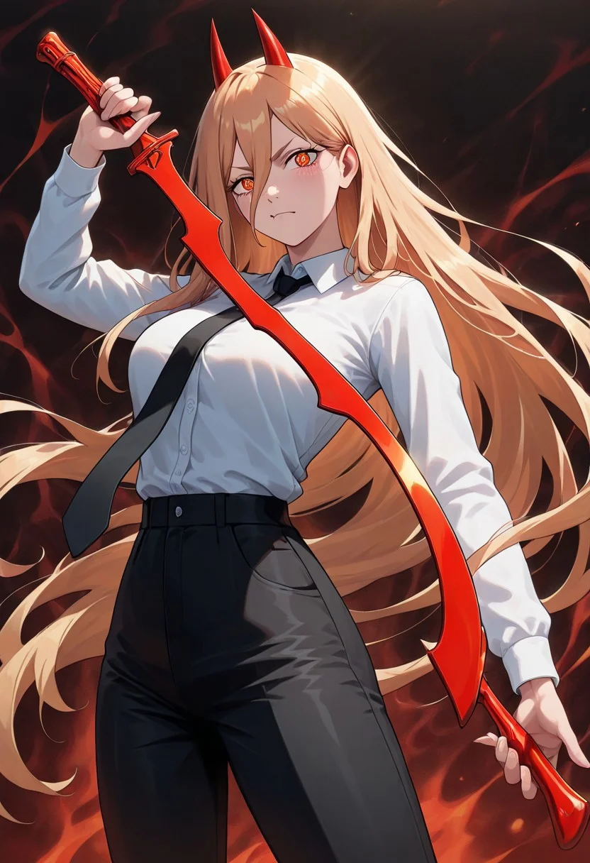 masterpiece, best quality, newest, absurdres, highres, anime, anime style, holding sword, holding weapon, holding, KHV1.0, khopesh, sword, weapon, 1girl, power \(chainsaw_man\), demon horns, long hair, blonde hair, very long hair, red horns, black necktie, horns, cross-shaped pupils, shirt,