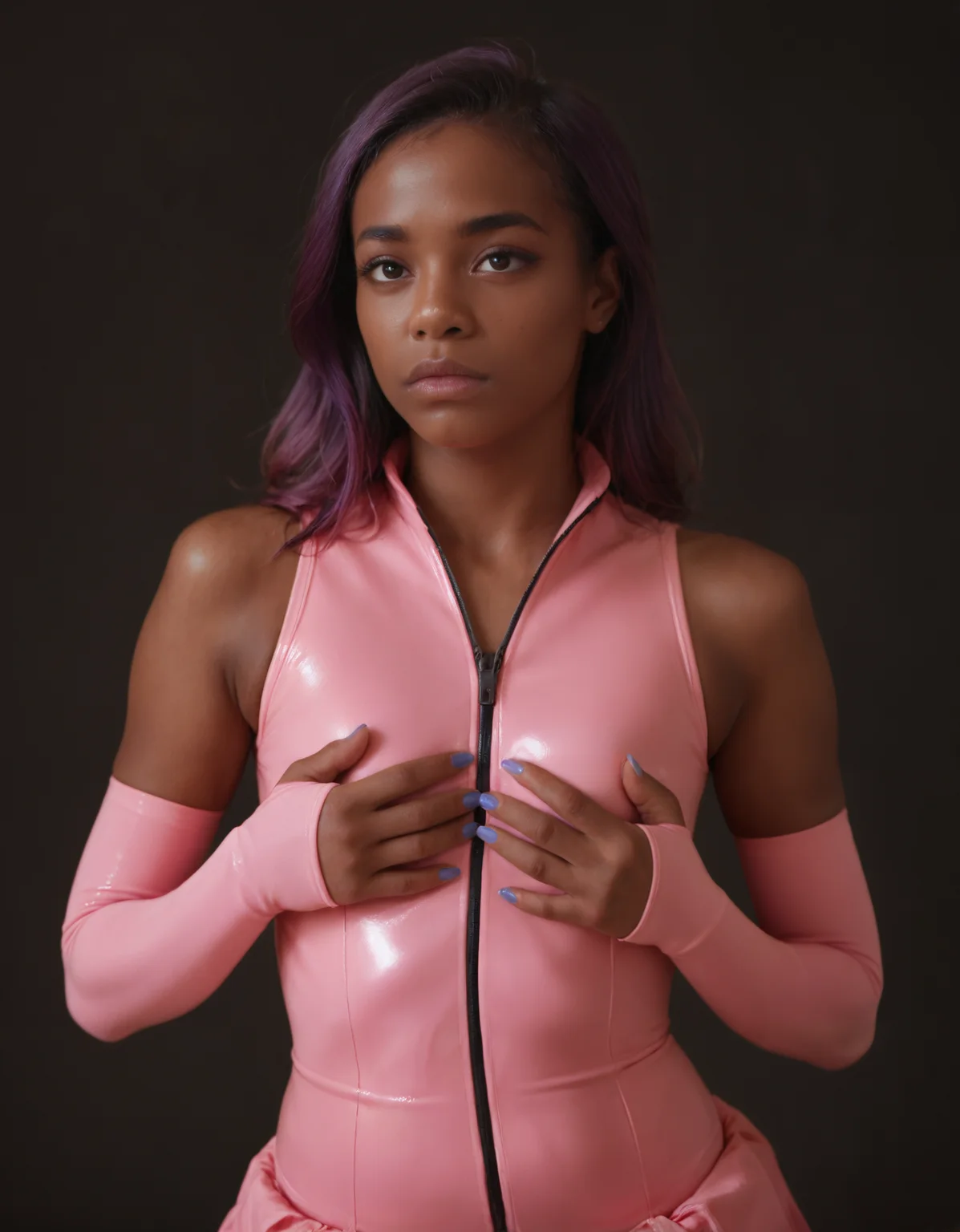 (embedding:Pony_PDXL_Negative_Embeddings\zPDXL3),dark background,handfixer,upper body,nail polish,ziper,skirt,elbow gloves,pink bodysuit,purple hair,breasts,realistic,closed mouth,(dark skin:1.4),african