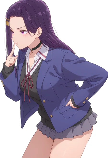 Smooth Quality,masterpiece,beautiful aesthetic, very intricate, high quality details, ultra realistic, high detailed skin,
simple background, white background,
from side,pointing at self,:t,
school uniform, microskirt, thighs,  <lora:Akino_Sayuricnn:0.8> sayuri/cnn, purple hair, long hair, 1girl, hairclip, mole under eye, choker,