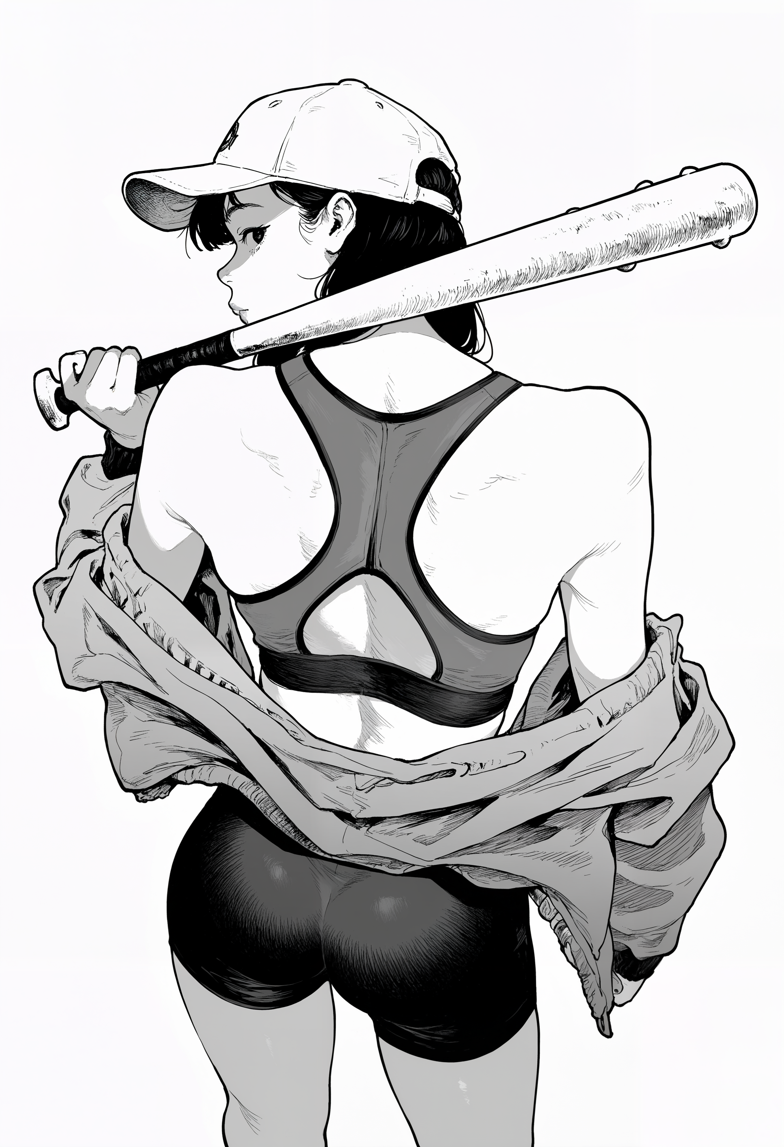 amazing quality, newest, absurdres, realistic, white background, monochrome, hatching \(texture\),   1girl, solo, from above, back focus, back view, looking back, open jacket, off-shoulder jacket, sports bra, bike shorts, baseball cap, baseball bat, over shoulder, holding,   <lora:takayanagi_katsuya:0.8>