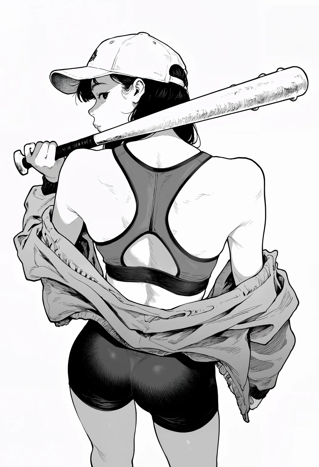 amazing quality, newest, absurdres, realistic, white background, monochrome, hatching \(texture\), 1girl, solo, from above, back focus, back view, looking back, open jacket, off-shoulder jacket, sports bra, bike shorts, baseball cap, baseball bat, over shoulder, holding, <lora:takayanagi_katsuya:0.8>